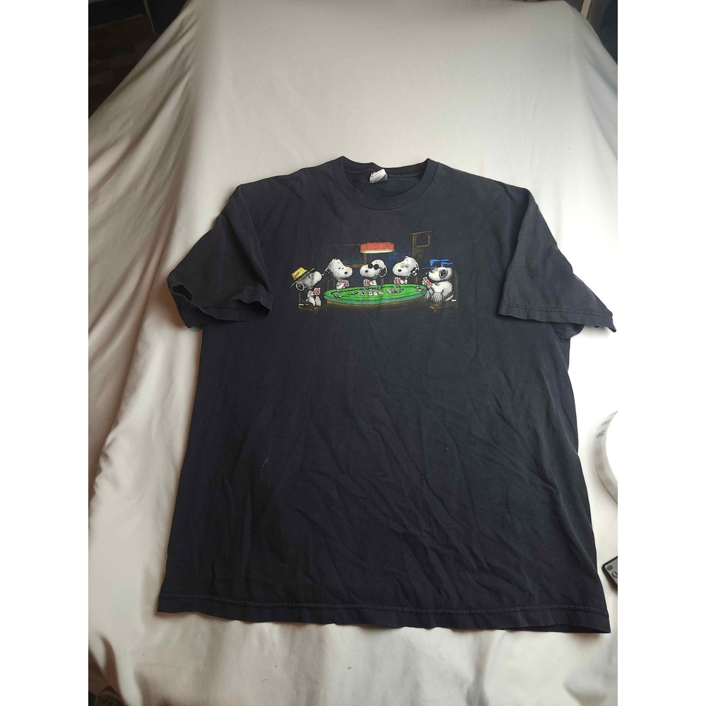 VTG Peanuts Snoopy Playing Poker Graphic T-Shirt Black Mens 2XL Short Sleeve Tee